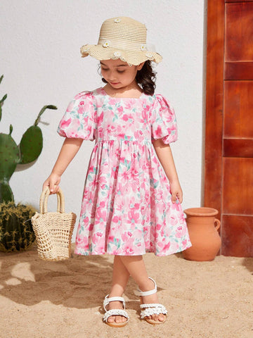 Young Girl Woven Floral Print Round Neck Puff Sleeve Loose Casual Holiday Dress