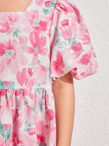 Young Girl Woven Floral Print Round Neck Puff Sleeve Loose Casual Holiday Dress