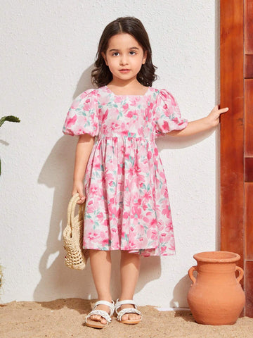 Young Girl Woven Floral Print Round Neck Puff Sleeve Loose Casual Holiday Dress
