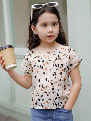 Young Girl Woven Floral Print Round Neck Slim Fit Casual Shirt