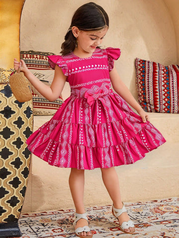 Young Girl Woven Floral Round Neck Ruffle Hem Fitted Dress,Suitable For Spring And Summer