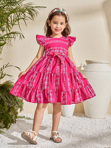 Young Girl Woven Floral Round Neck Ruffle Hem Fitted Dress,Suitable For Spring And Summer