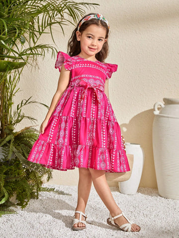 Young Girl Woven Floral Round Neck Ruffle Hem Fitted Dress,Suitable For Spring And Summer