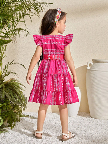 Young Girl Woven Floral Round Neck Ruffle Hem Fitted Dress,Suitable For Spring And Summer
