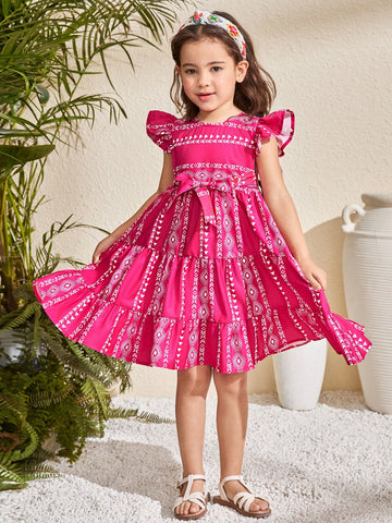 Young Girl Woven Floral Round Neck Ruffle Hem Fitted Dress,Suitable For Spring And Summer