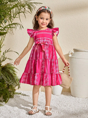 Young Girl Woven Floral Round Neck Ruffle Hem Fitted Dress,Suitable For Spring And Summer