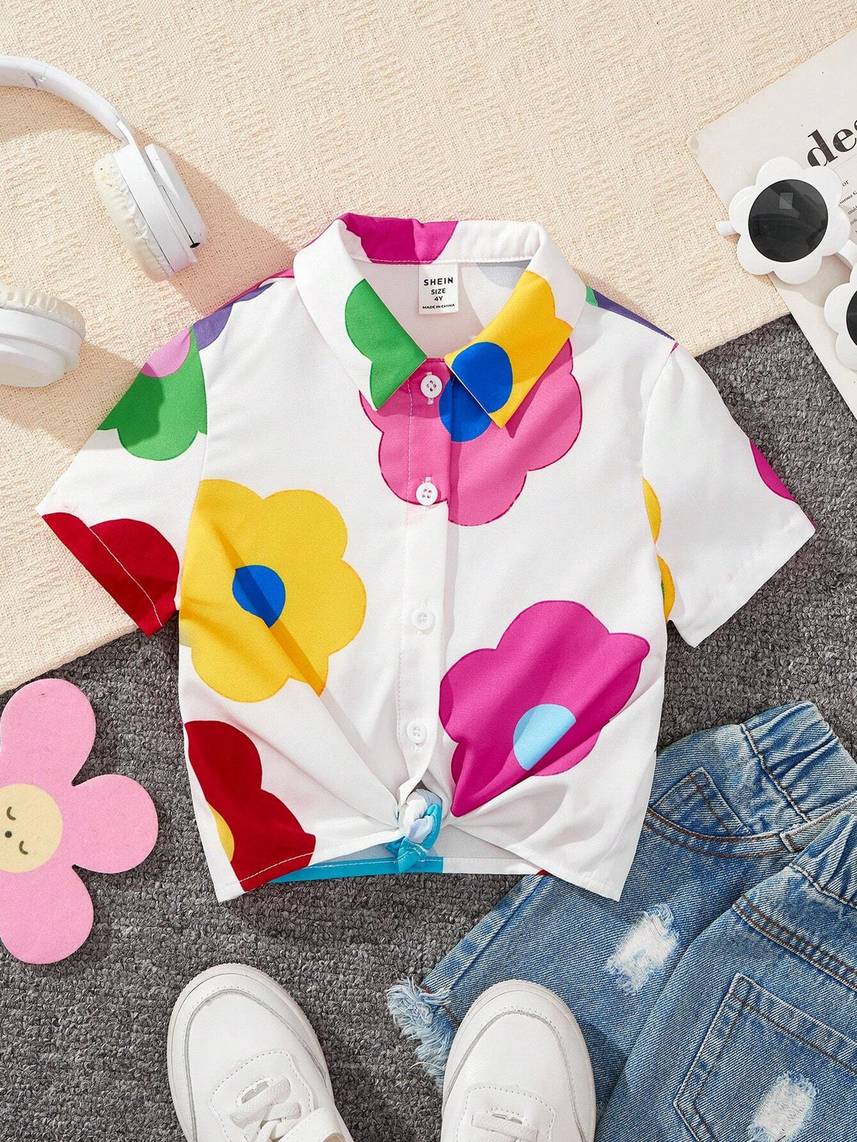 Young Girl Woven Floral Short Combined Casual Shirt