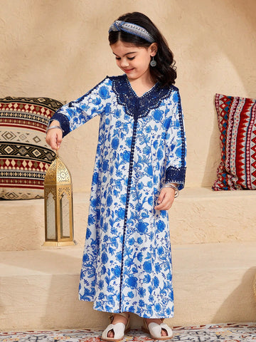Young Girl Woven Floral V-Neck Loose Casual Dress