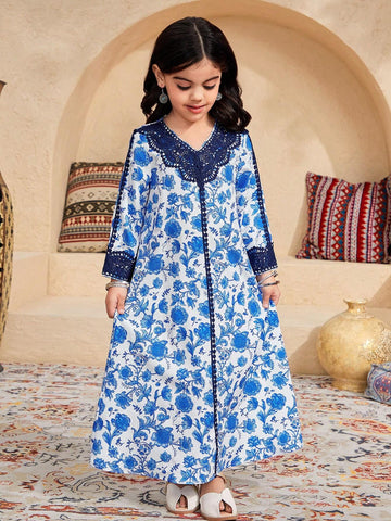 Young Girl Woven Floral V-Neck Loose Casual Dress