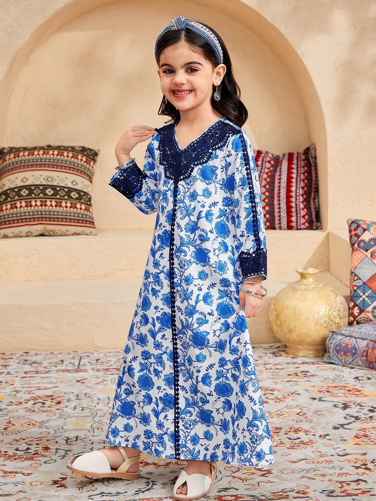 Young Girl Woven Floral V-Neck Loose Casual Dress