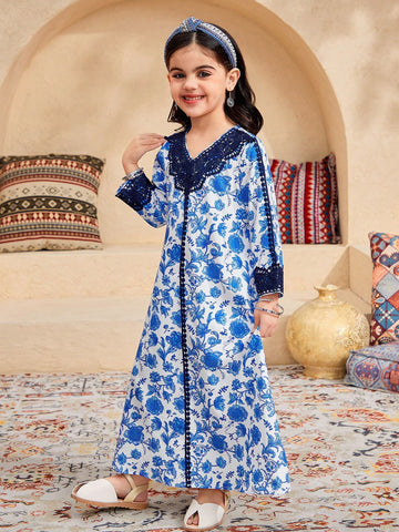 Young Girl Woven Floral V-Neck Loose Casual Dress
