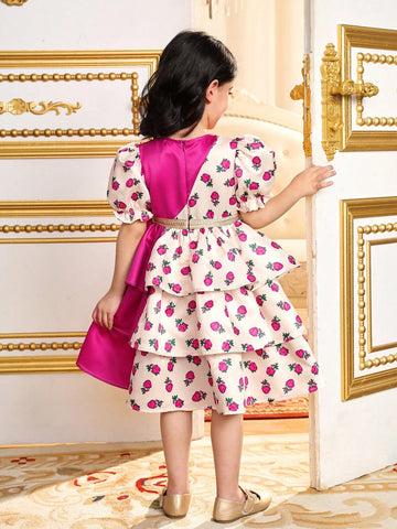 Young Girl Woven Floral & Color Block Round Neck Puff Sleeve Fitted Dress