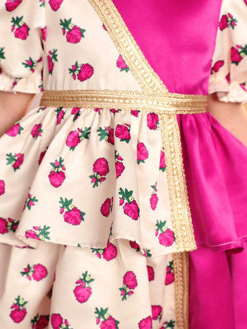 Young Girl Woven Floral & Color Block Round Neck Puff Sleeve Fitted Dress