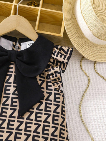 Young Girl Woven Geometric Patchwork Doll Collar Cap Sleeve Loose Casual Dress