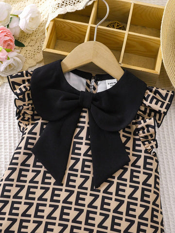 Young Girl Woven Geometric Patchwork Doll Collar Cap Sleeve Loose Casual Dress