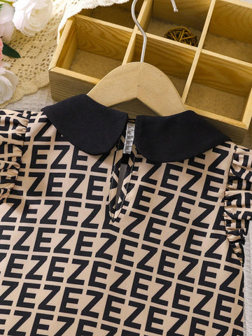 Young Girl Woven Geometric Patchwork Doll Collar Cap Sleeve Loose Casual Dress