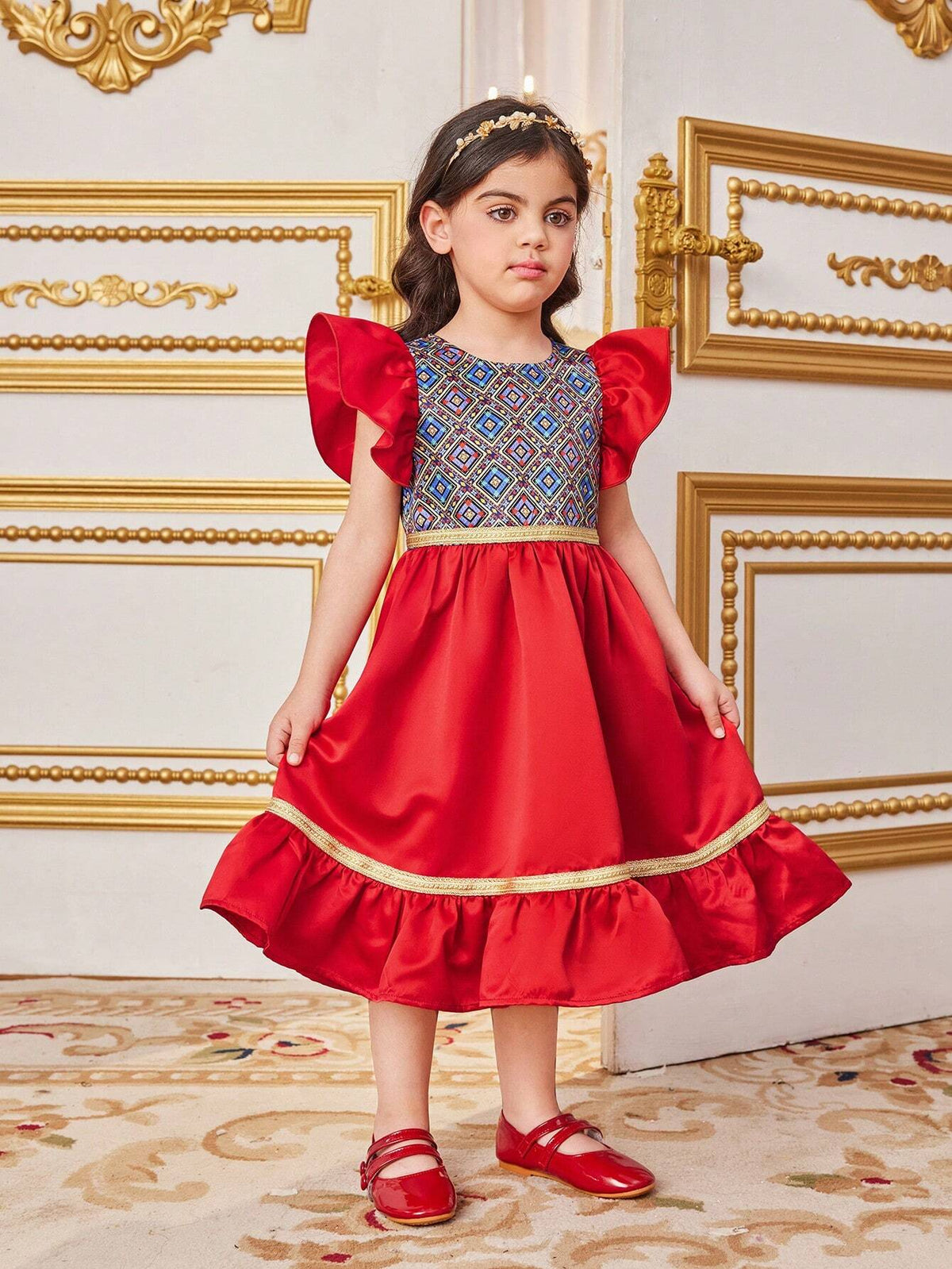 Young Girl Woven Geometric Pattern Round Neck Ruffle Trimd Splicing Woven Plain Casual Dress