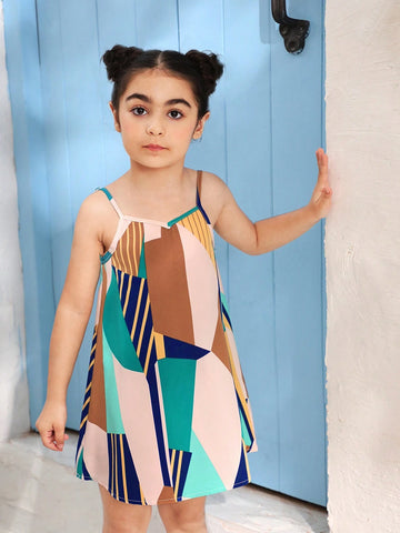 Young Girl Woven Geometric Pattern Sleeveless Loose Sundress, Suitable For Summer Holidays