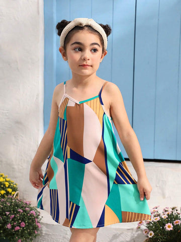 Young Girl Woven Geometric Pattern Sleeveless Loose Sundress, Suitable For Summer Holidays