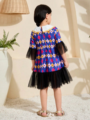 Young Girl Woven Geometric Print Contrast Peter Pan Collar Mesh Splice Chiffon Dress