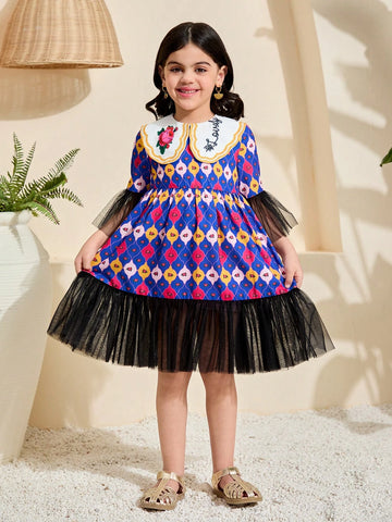 Young Girl Woven Geometric Print Contrast Peter Pan Collar Mesh Splice Chiffon Dress