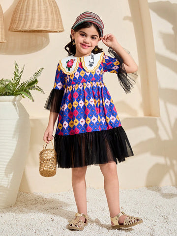 Young Girl Woven Geometric Print Contrast Peter Pan Collar Mesh Splice Chiffon Dress