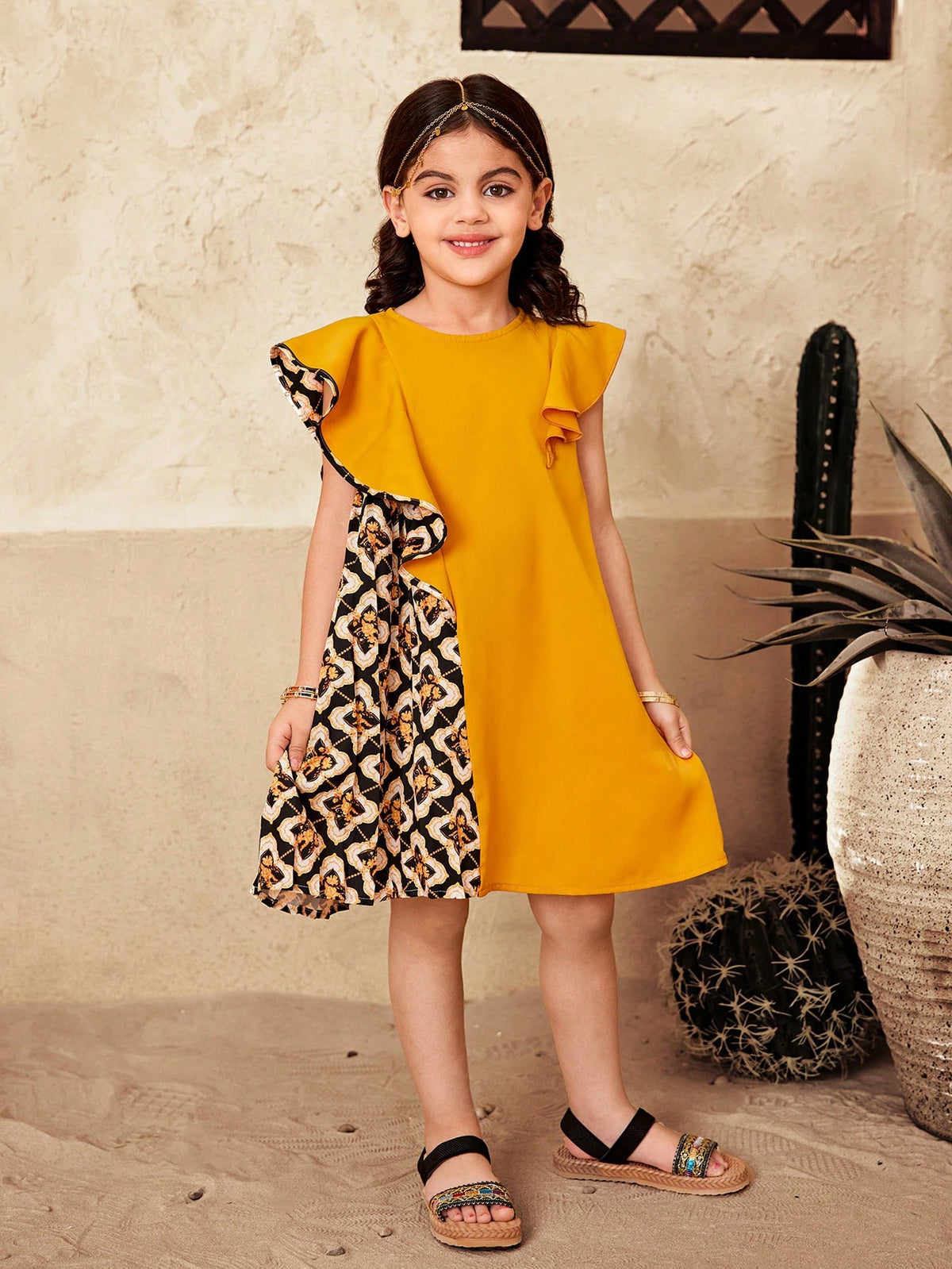 Young Girl Woven Geometric Print Ruffle Hem Fitted Dress