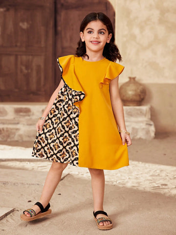 Young Girl Woven Geometric Print Ruffle Hem Fitted Dress