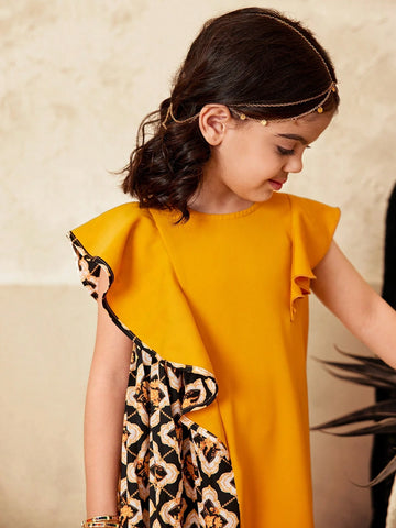 Young Girl Woven Geometric Print Ruffle Hem Fitted Dress