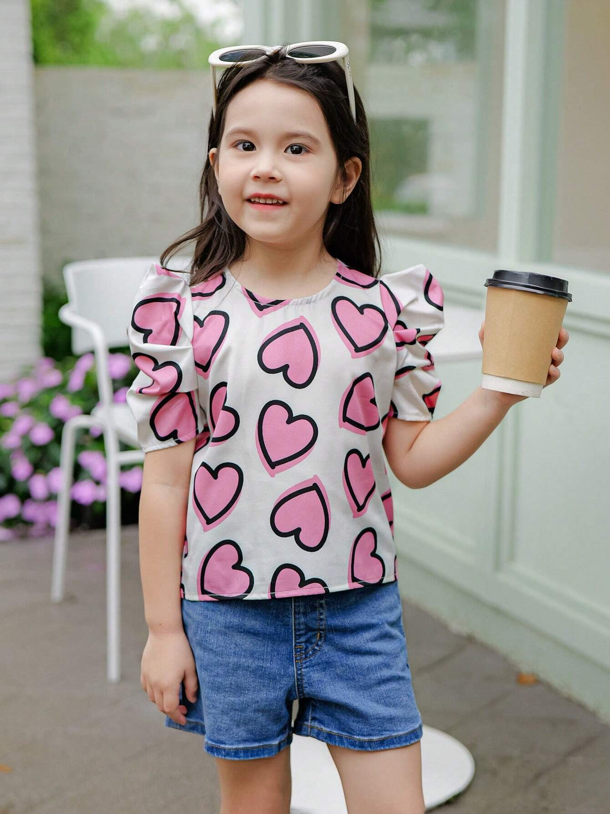 Young Girl Woven Heart Pattern Lamb Leg Sleeve Casual Shirt