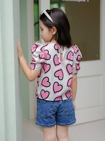 Young Girl Woven Heart Pattern Lamb Leg Sleeve Casual Shirt