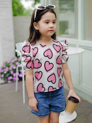 Young Girl Woven Heart Pattern Lamb Leg Sleeve Casual Shirt
