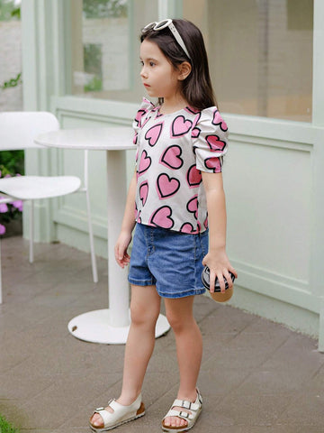 Young Girl Woven Heart Pattern Lamb Leg Sleeve Casual Shirt