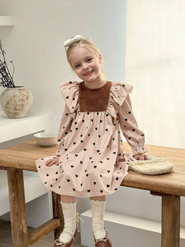 Young Girl Woven Heart Ruffle Hem Bodycon Casual Dress
