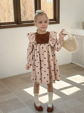 Young Girl Woven Heart Ruffle Hem Bodycon Casual Dress
