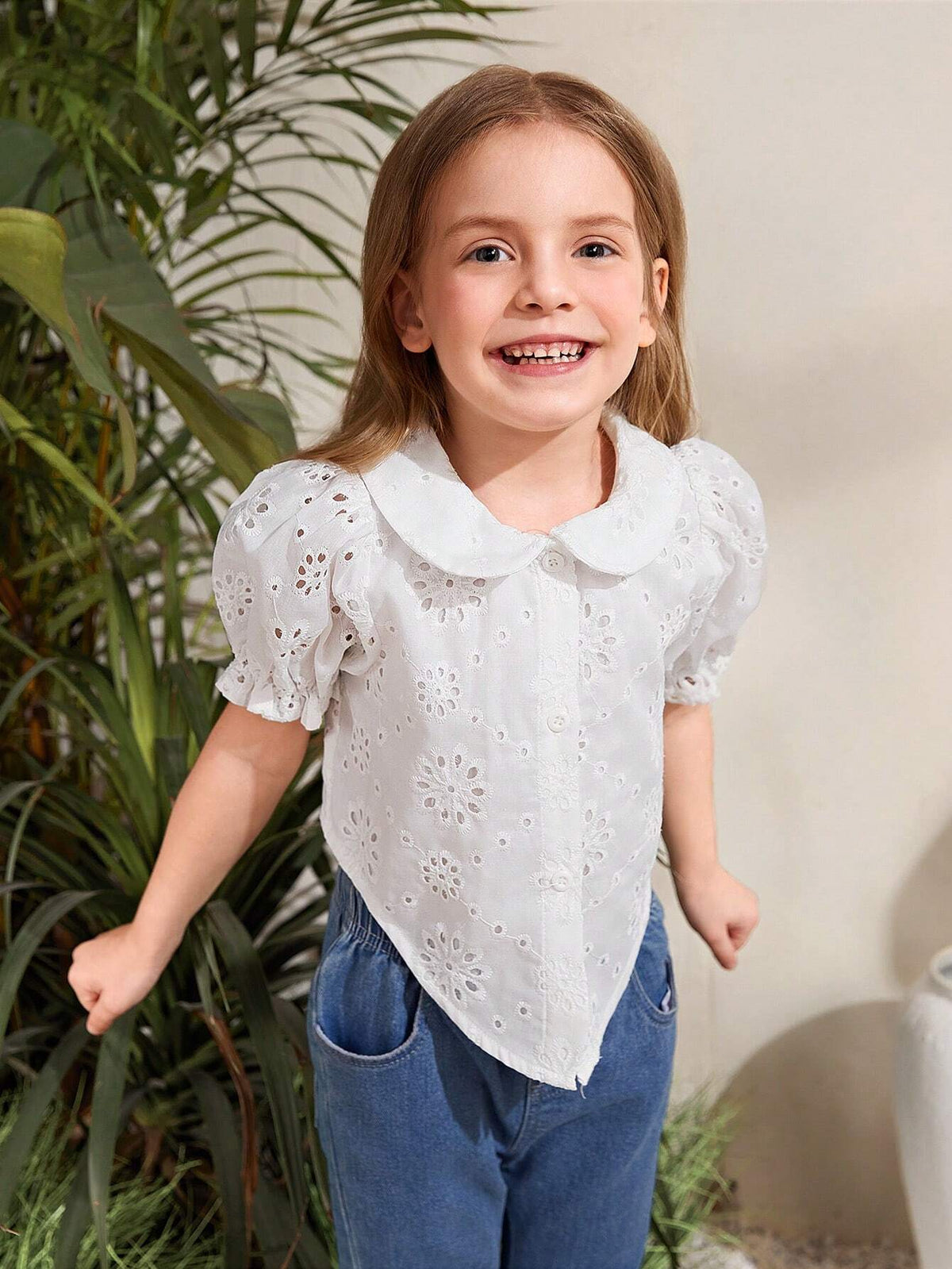 Young Girl Woven Hollow Out Crop Knot Casual Shirt