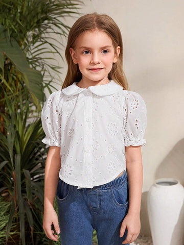 Young Girl Woven Hollow Out Crop Knot Casual Shirt