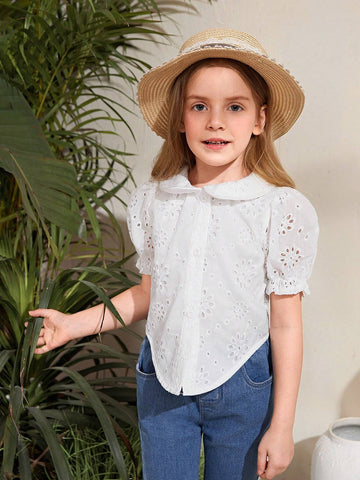 Young Girl Woven Hollow Out Crop Knot Casual Shirt