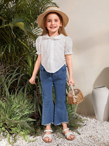 Young Girl Woven Hollow Out Crop Knot Casual Shirt