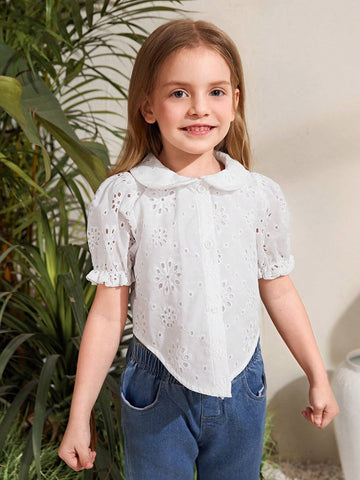 Young Girl Woven Hollow Out Crop Knot Casual Shirt