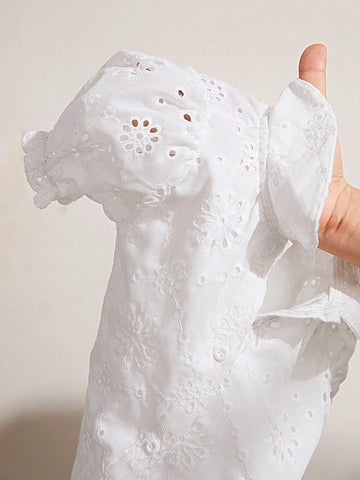 Young Girl Woven Hollow Out Crop Knot Casual Shirt