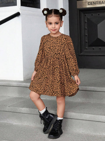 Young Girl Woven Leopard Print Round Neck Bow Accent Casual Dress