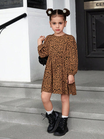Young Girl Woven Leopard Print Round Neck Bow Accent Casual Dress