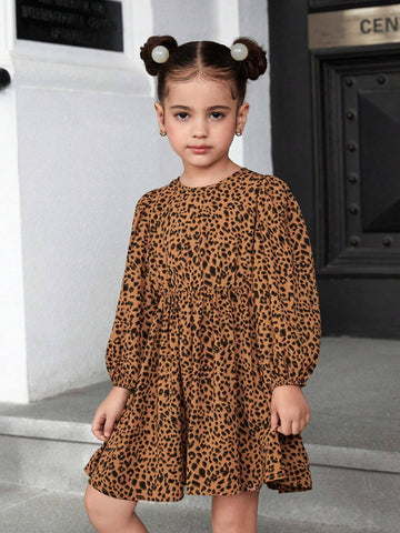 Young Girl Woven Leopard Print Round Neck Bow Accent Casual Dress