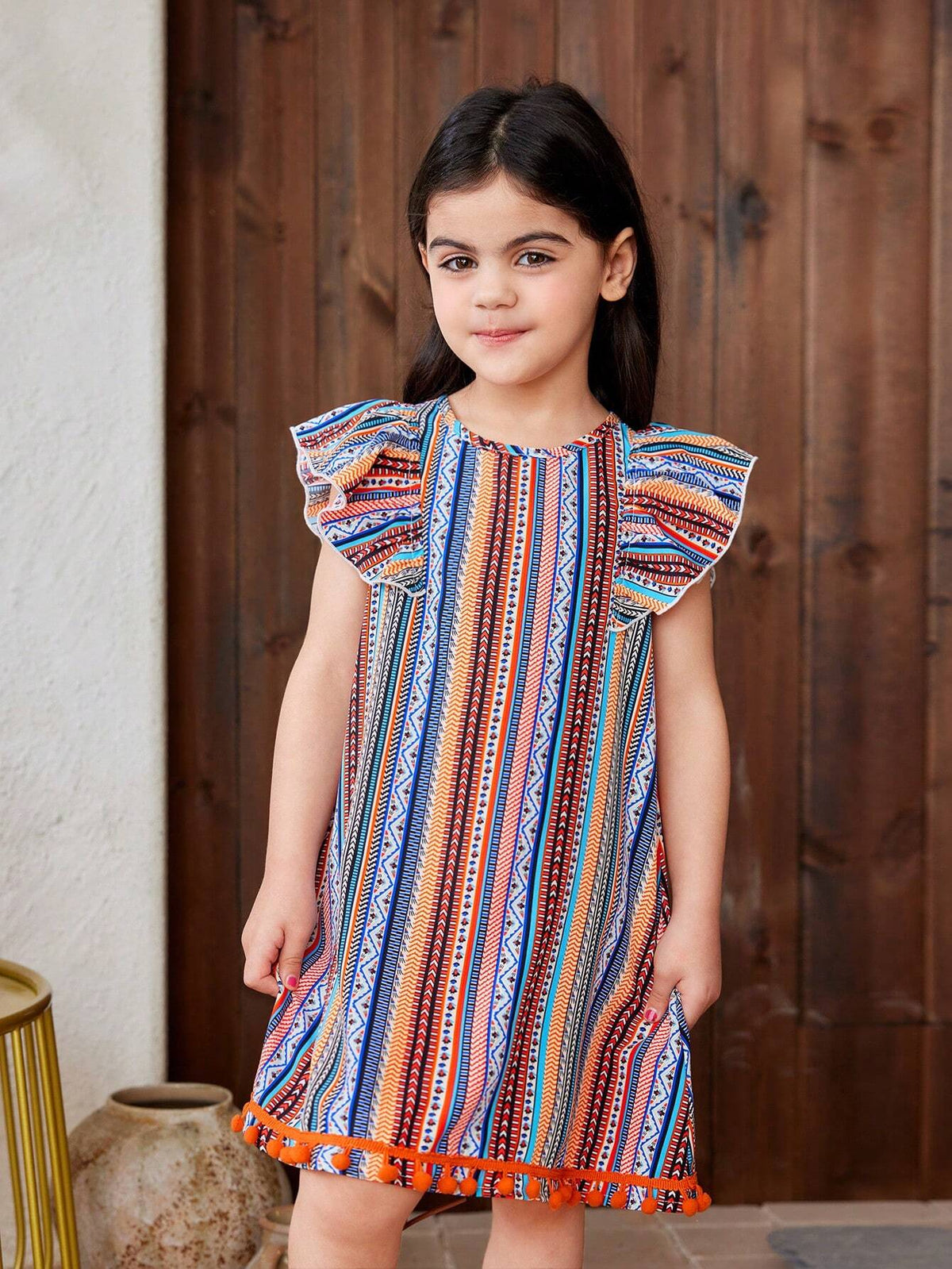 Young Girl Woven Loose Fit Casual Dress With Geometric Pattern Floral Print, Round Neckline And Ruffle Hem