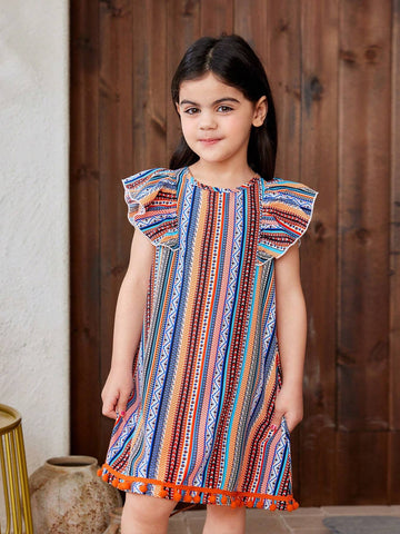 Young Girl Woven Loose Fit Casual Dress With Geometric Pattern Floral Print, Round Neckline And Ruffle Hem