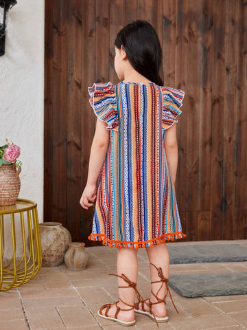 Young Girl Woven Loose Fit Casual Dress With Geometric Pattern Floral Print, Round Neckline And Ruffle Hem