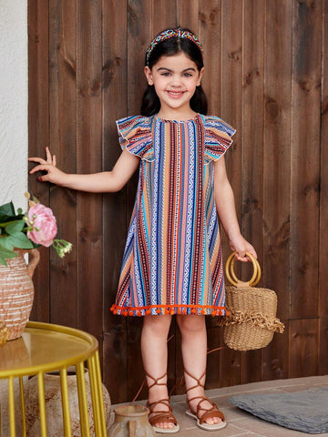 Young Girl Woven Loose Fit Casual Dress With Geometric Pattern Floral Print, Round Neckline And Ruffle Hem