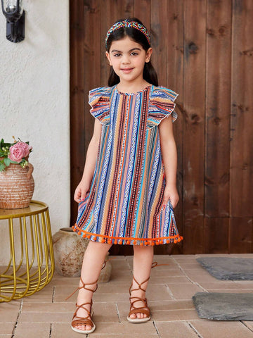 Young Girl Woven Loose Fit Casual Dress With Geometric Pattern Floral Print, Round Neckline And Ruffle Hem