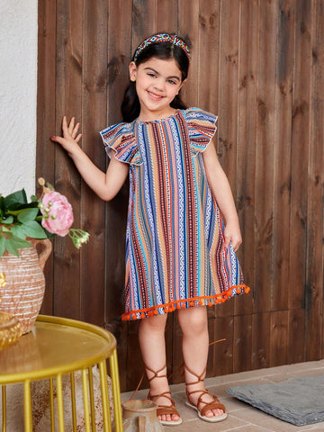Young Girl Woven Loose Fit Casual Dress With Geometric Pattern Floral Print, Round Neckline And Ruffle Hem